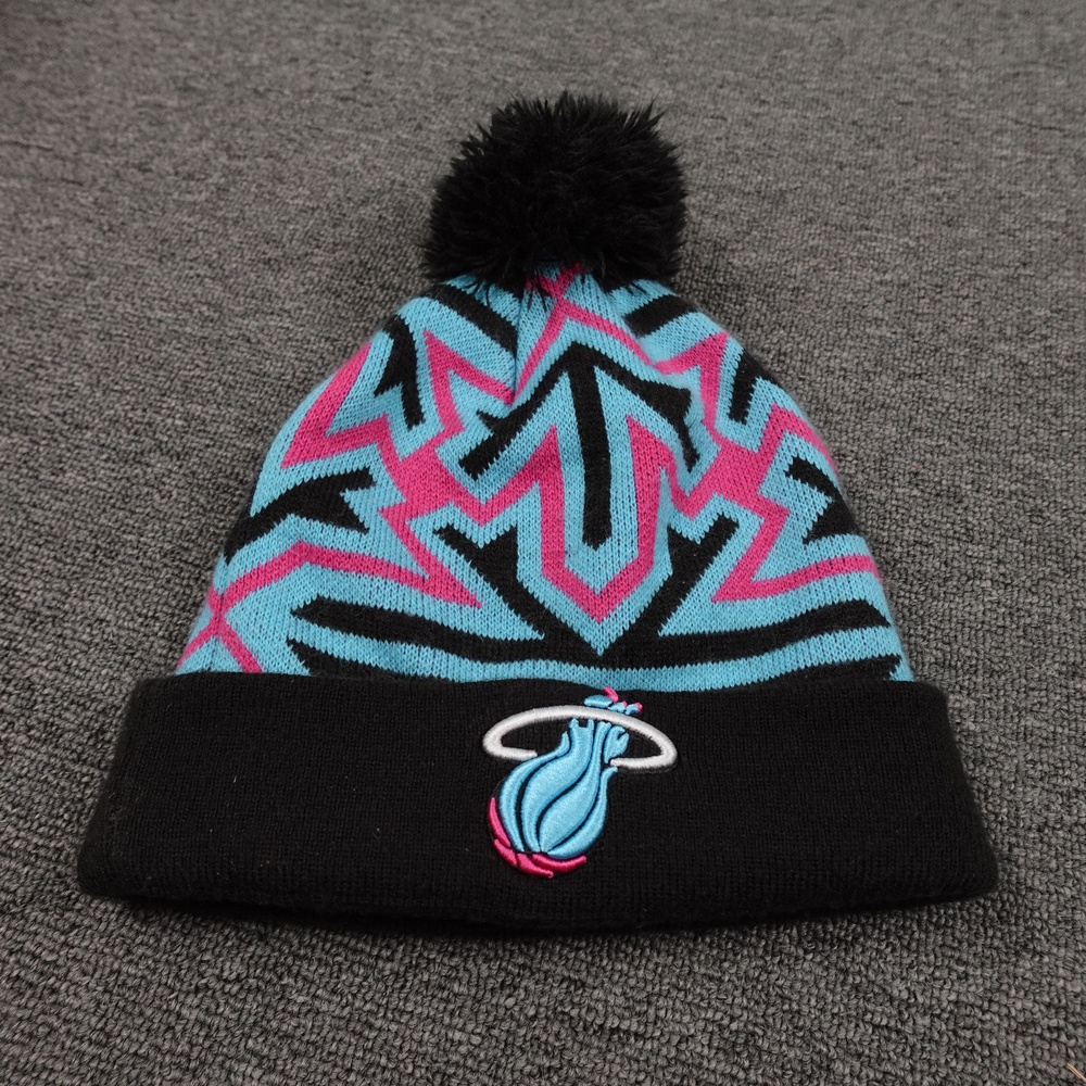 Miami Heat Hat Beanie Mens One Size Blue Pink NBA Basketball Pom Knit New Era